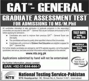 Revised Schedule of NTS Graduate Assessment Test (GAT - 2014-lIl) GAT General