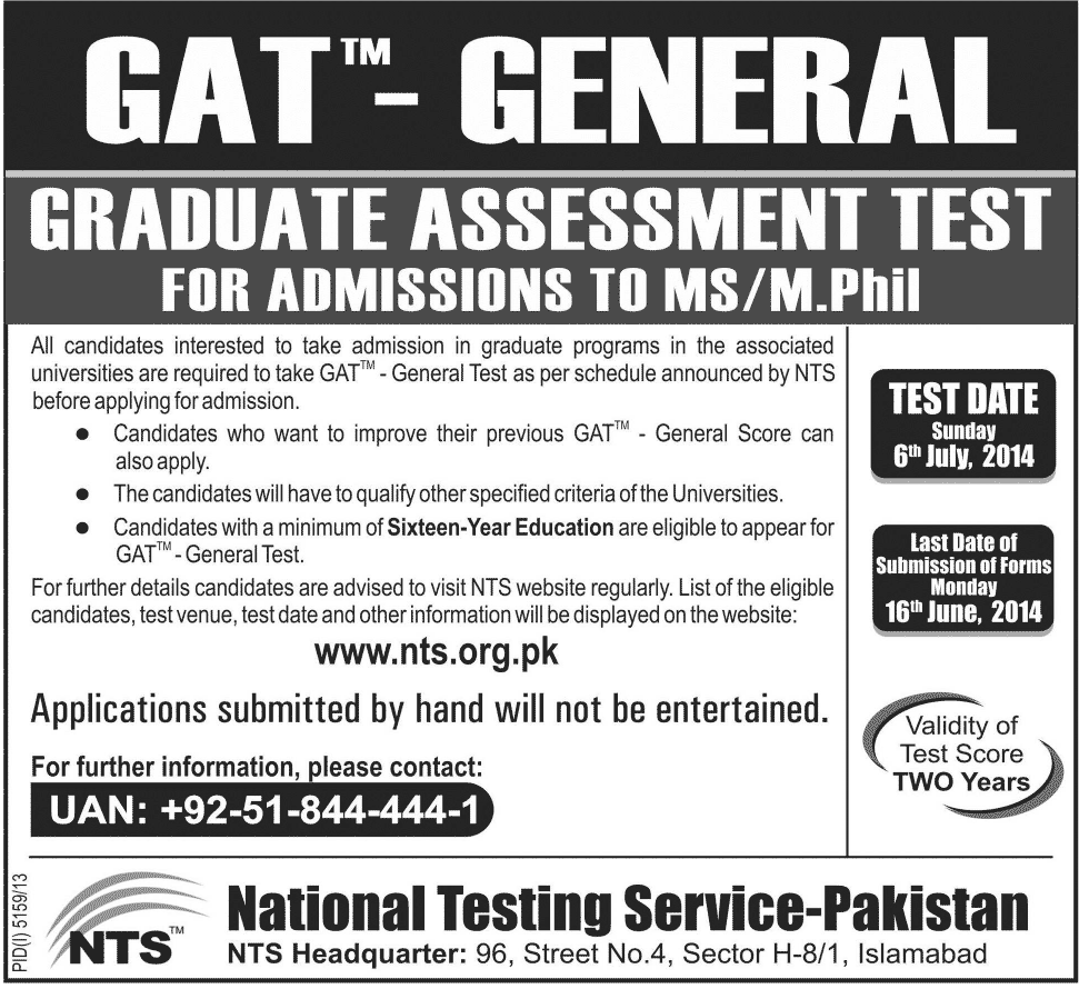 Revised Schedule Of NTS GAT General Test 2014 lIl 6 July
