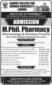 LCWU Lahore MPhil Pharmacy Admission 2017, Merit Lists