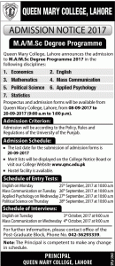 Queen Marry College, Lahore MA/MSc Admission 2017 & Entry Test Result