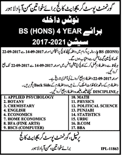 Govt PG College For Women Samanabad Lahore BS Admission 2017