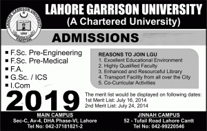 1st Year Admission 2019 in Lahore Garrison University