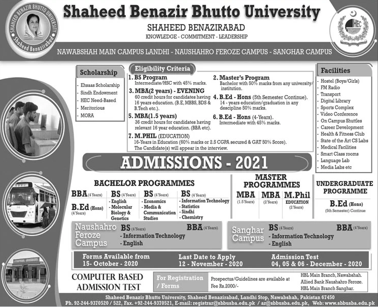 Shaheed Benazir Bhutto University SBBUSBA Admission 2021