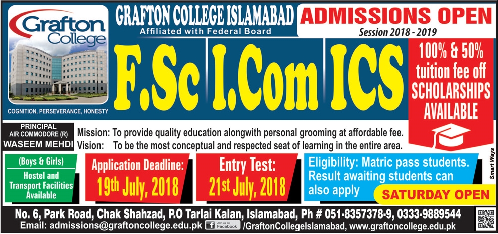 Grafton College Islamabad ICS, FSc, ICom Admission 2018, Scholarships