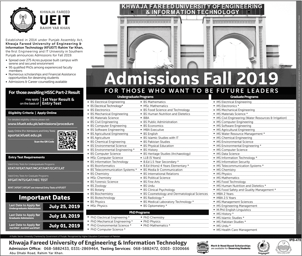 KFUEIT Admission 2019 in Undergraduate and Graduate Programs