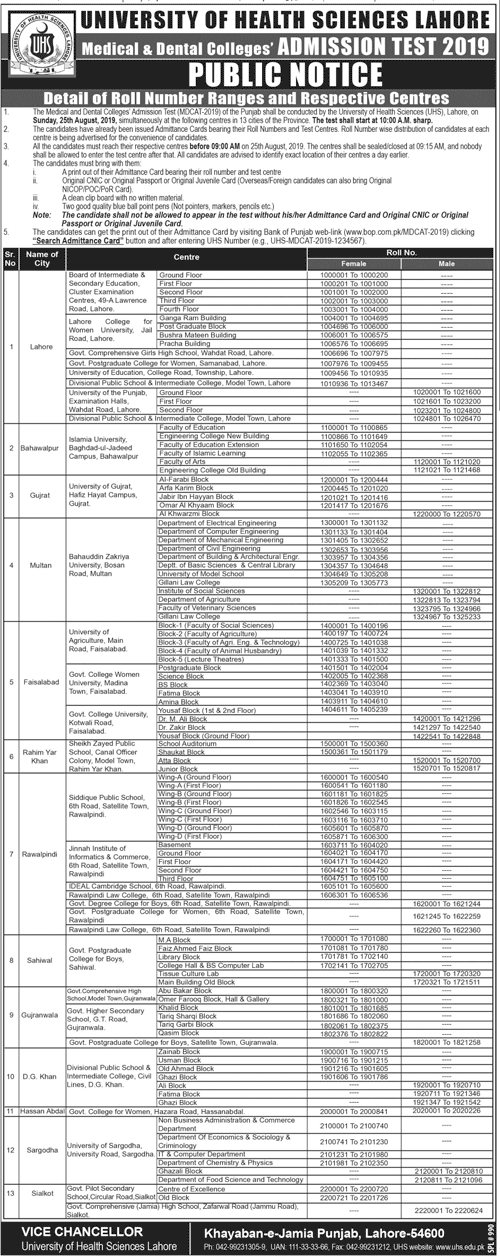 UHS Lahore MDCAT 2019 Roll No Ranges & Respective Centers