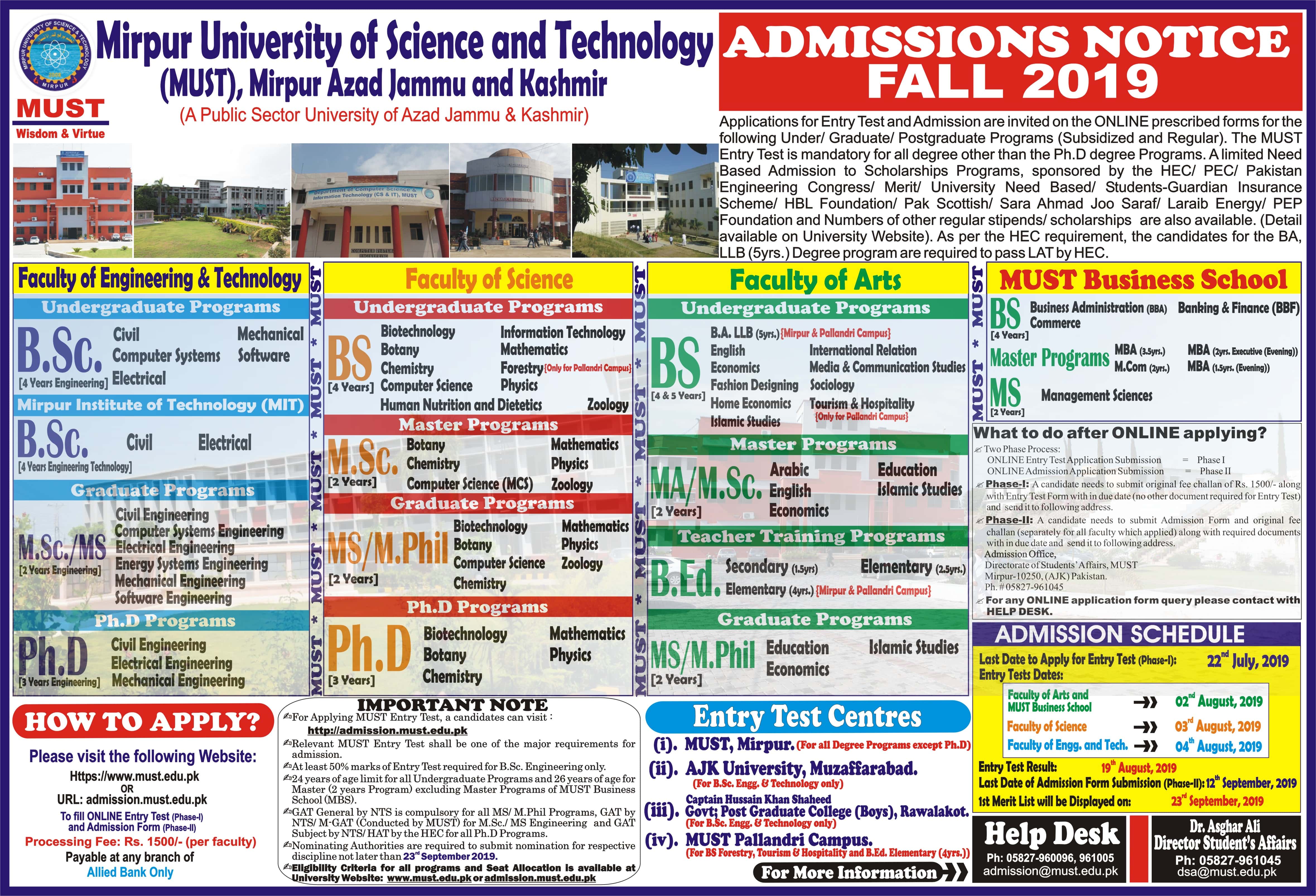 Must University Mirpur AJK Admission 2019, Apply Online, Test Result & Merit List
