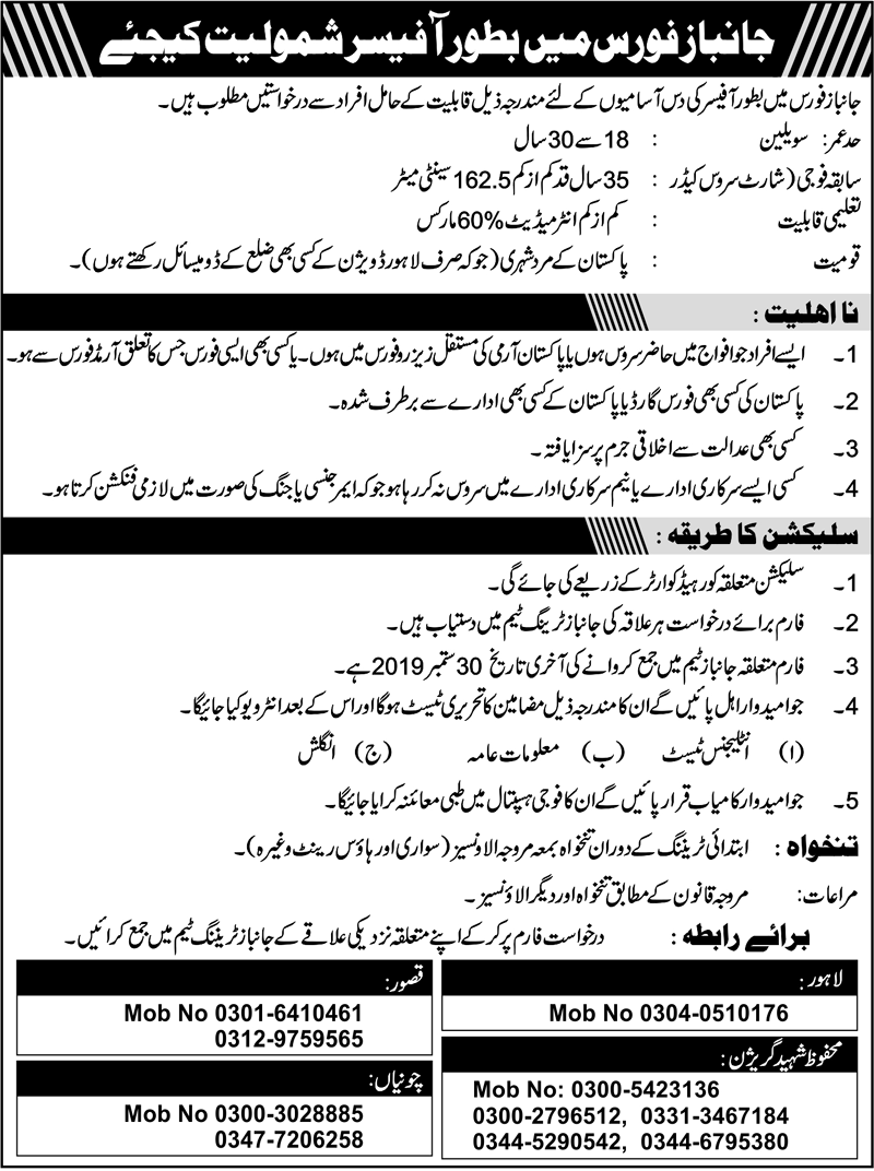 Join Janbaz Force as Officer 2019-Pak Army Jobs 