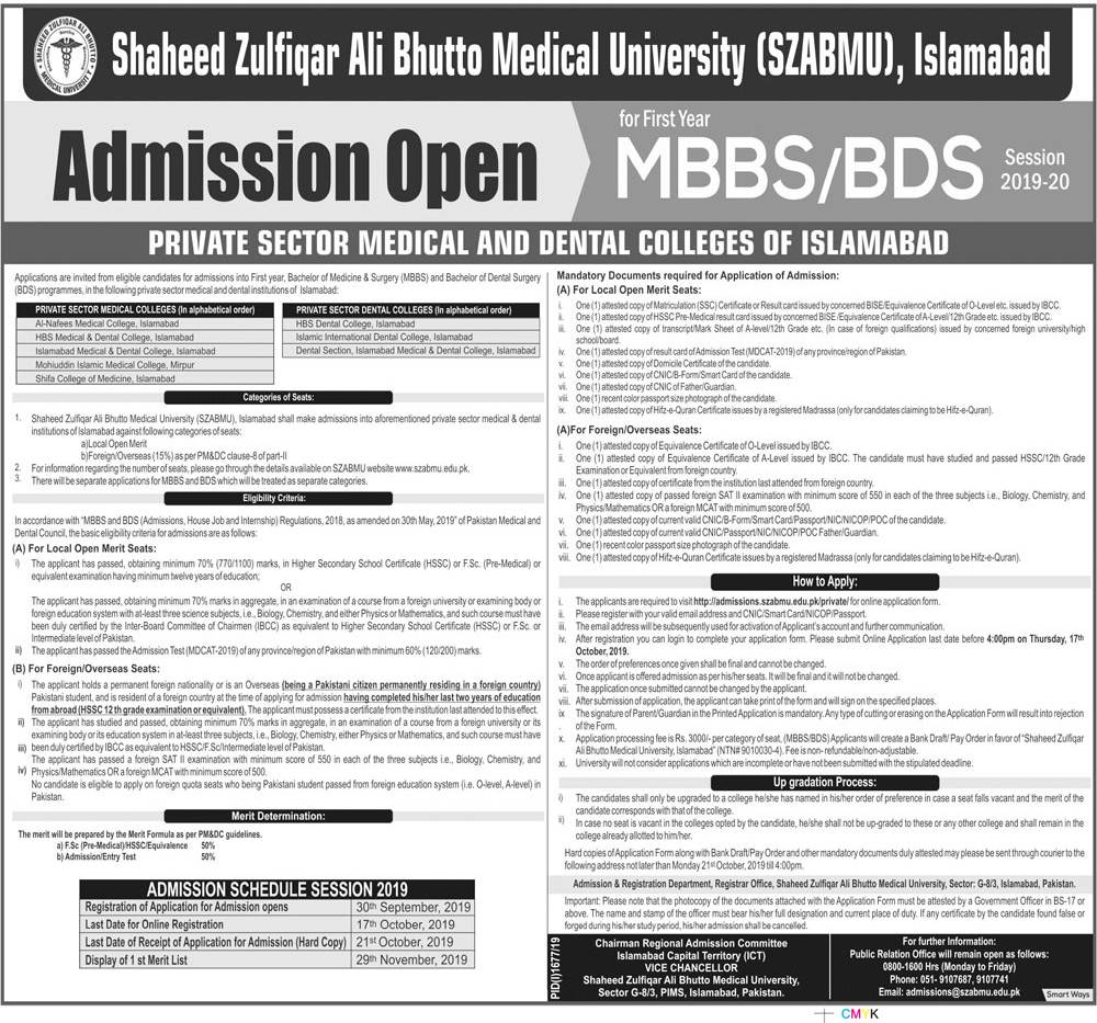 SZABMU MBBS & BDS Admission 2019 in Private Medical Colleges of Islamabad