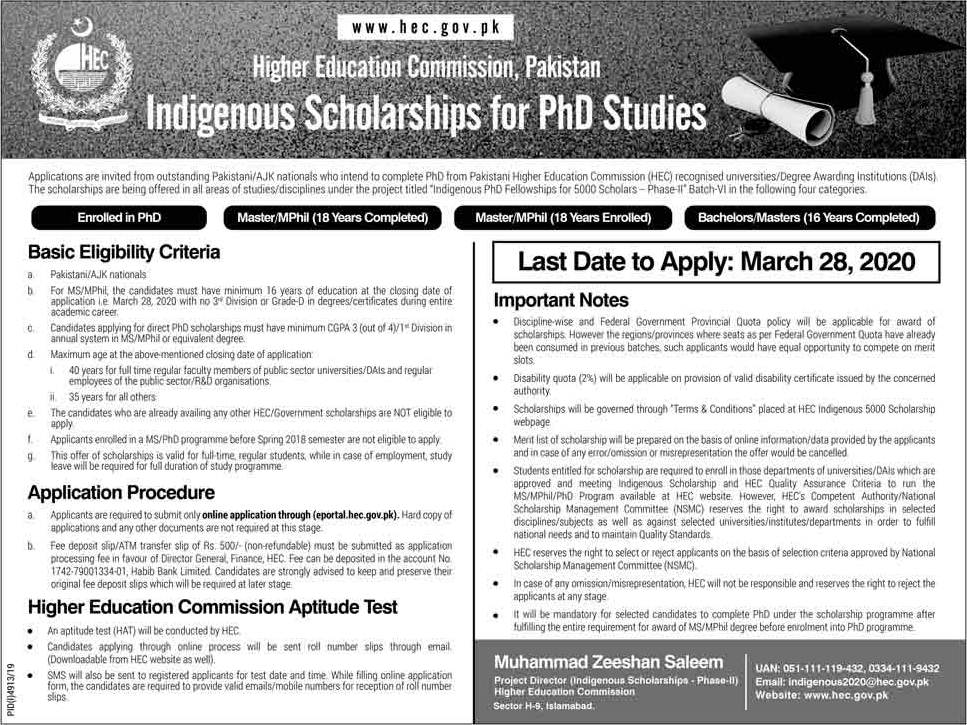 HEC Indigenous Scholarships for PhD Studies 2020
