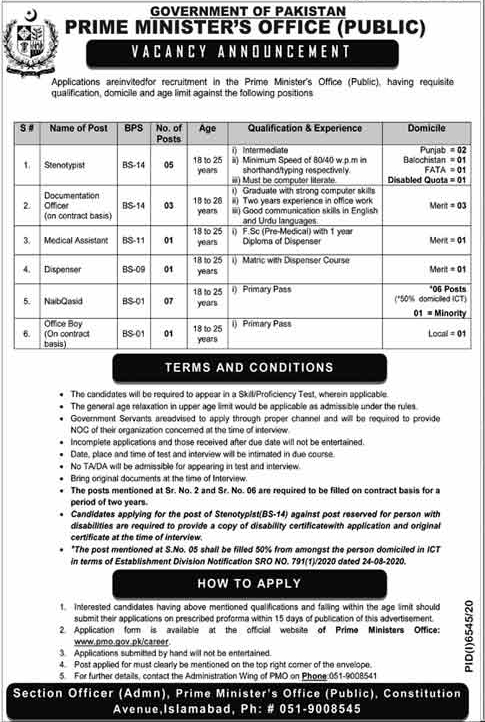 Jobs in Islamabad (Prime Minister's Office) 2021