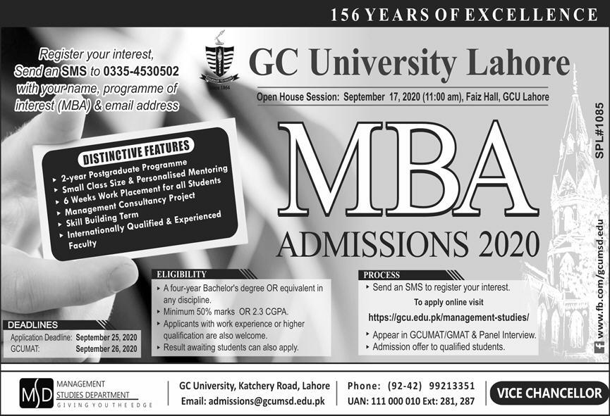 GCU Lahore MBA Admission 2020 Schedule, Apply Online