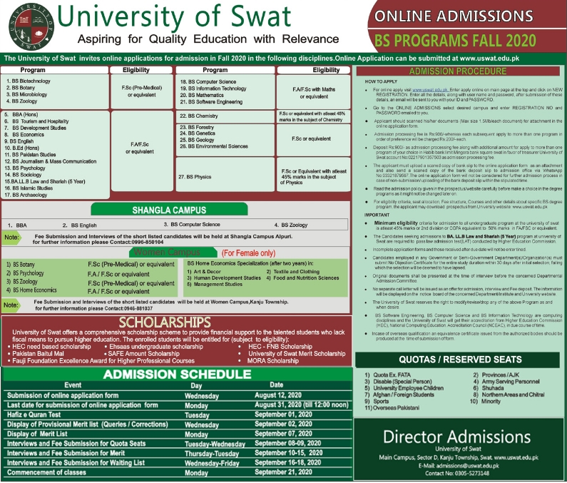 University of Swat UoS Undergraduate Admission 2020 Schedule, Apply Online