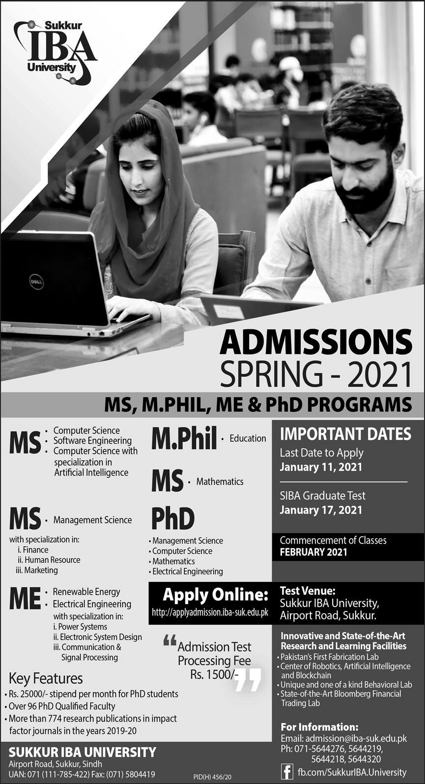 IBA Sukkur University Admission 2021 in MS, MPhil, ME & PhD Programs