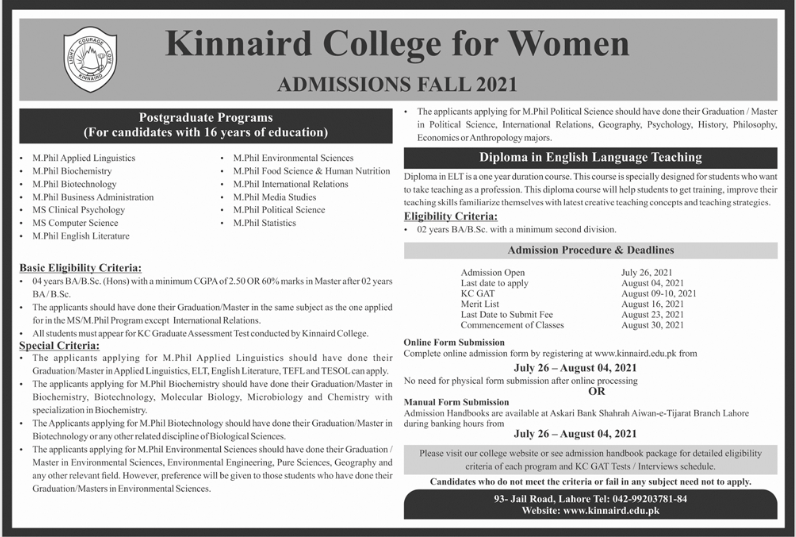 Kinnaird College For Women Postgraduate Admission 2021