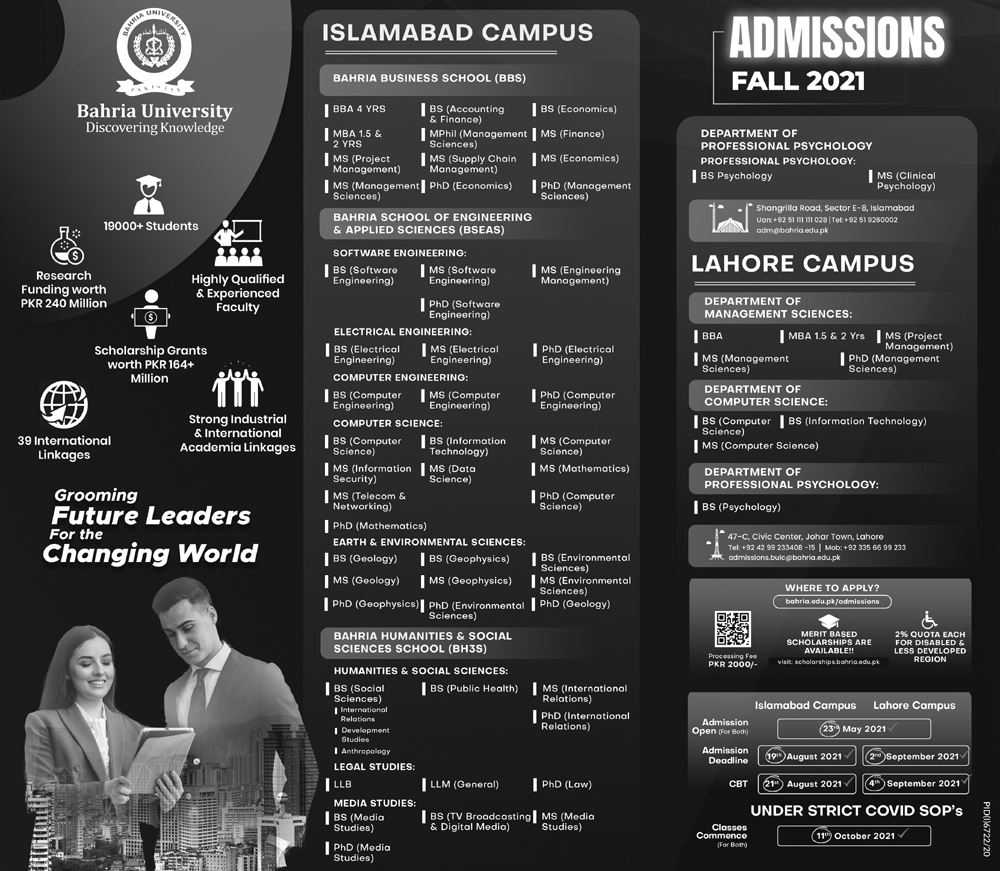 Bahria University Lahore & Islamabad Admission 2021