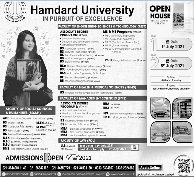 Hamdard University Admission 2021-Schedule, Form