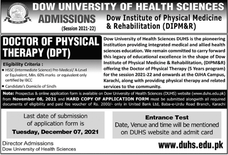 Dow University of Health Sciences DUHS BS & DPT Admission 2021