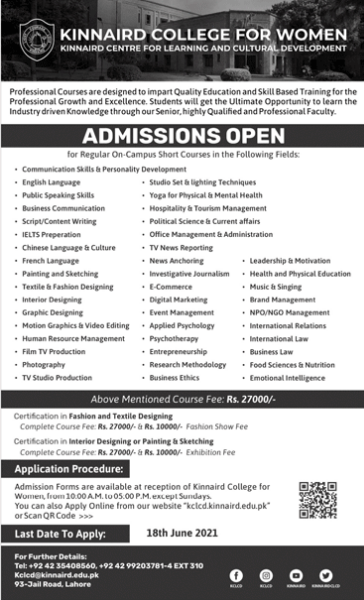 Kinnaird College Lahore Admission 2021 in Certified Short Courses
