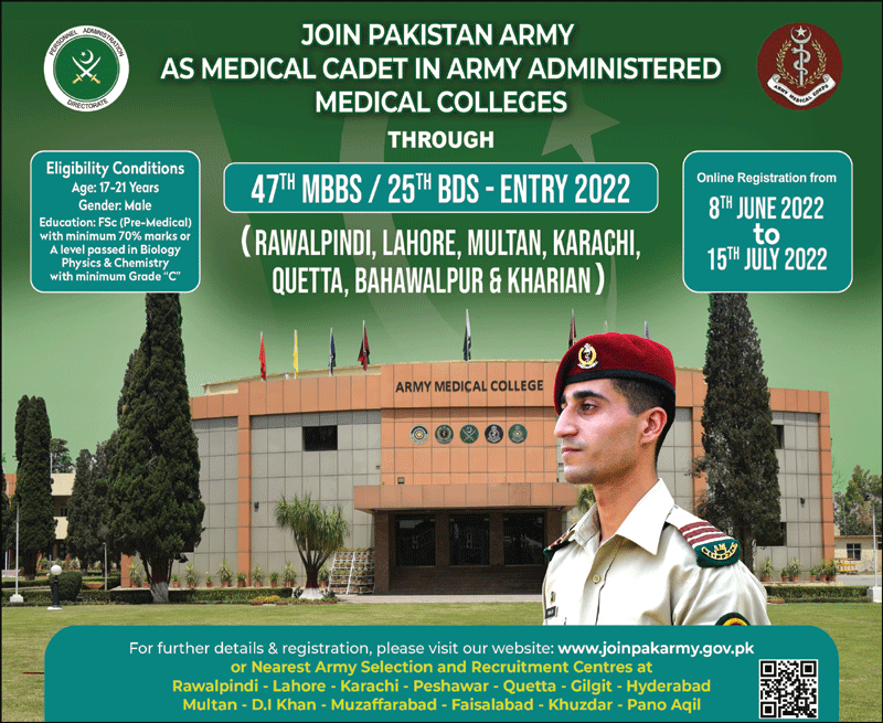 Join Pak Army As Medical Cadet 2022 Through Army Medical Colleges-MBBS & BDS Admission