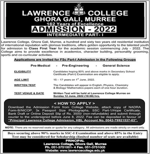 Lawrence College Ghora Gali Murree 1st Year Admission 2022-Form & Entry Test Result