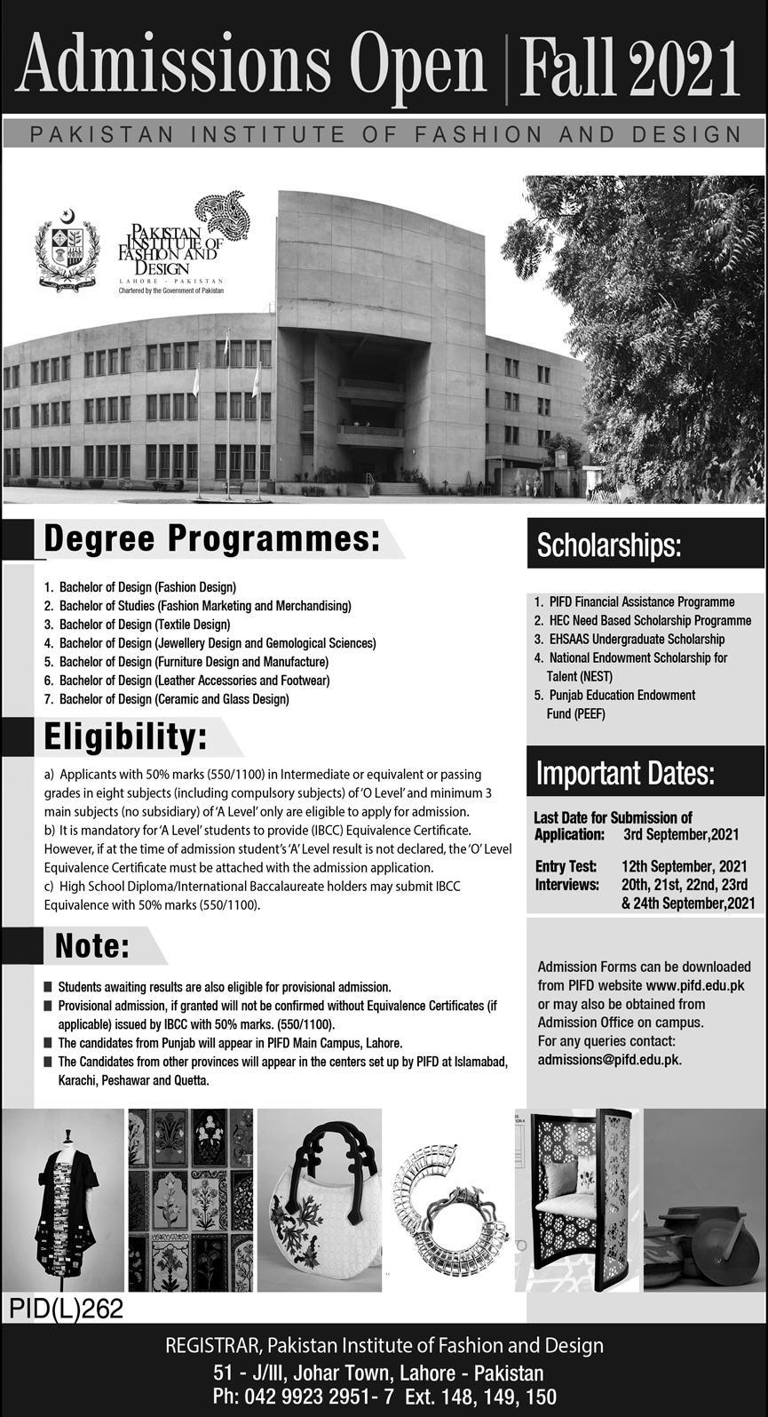 Pakistan Institute of Fashion and Design PIFD Admission 2021, Form, Entry Test Result