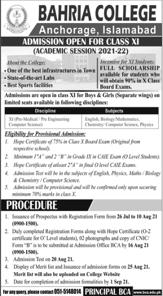 Bahria College Anchorage Islamabad Admission 2021 in 1st Year