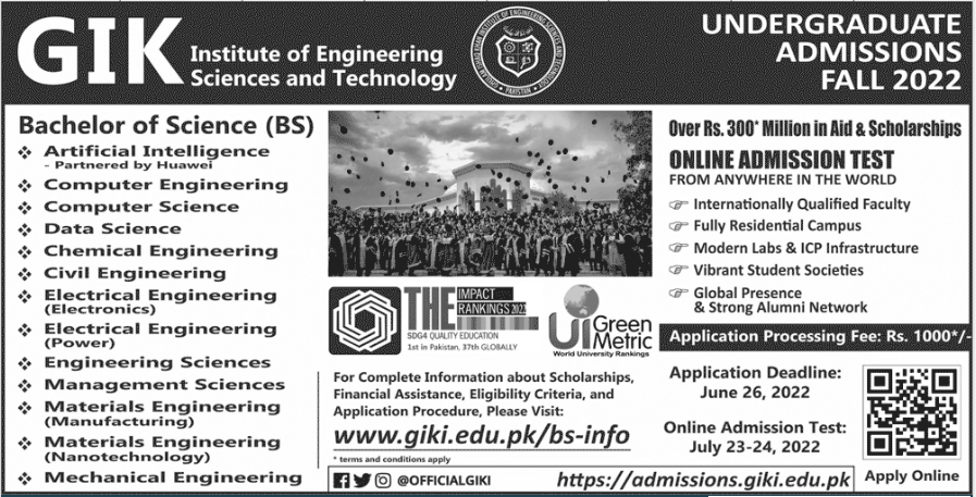 GIK Institute Admission 2022 In BS Programs, Entry Test Tips