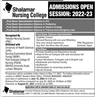 Shalamar Nursing College Lahore Admission 2022, Apply Online