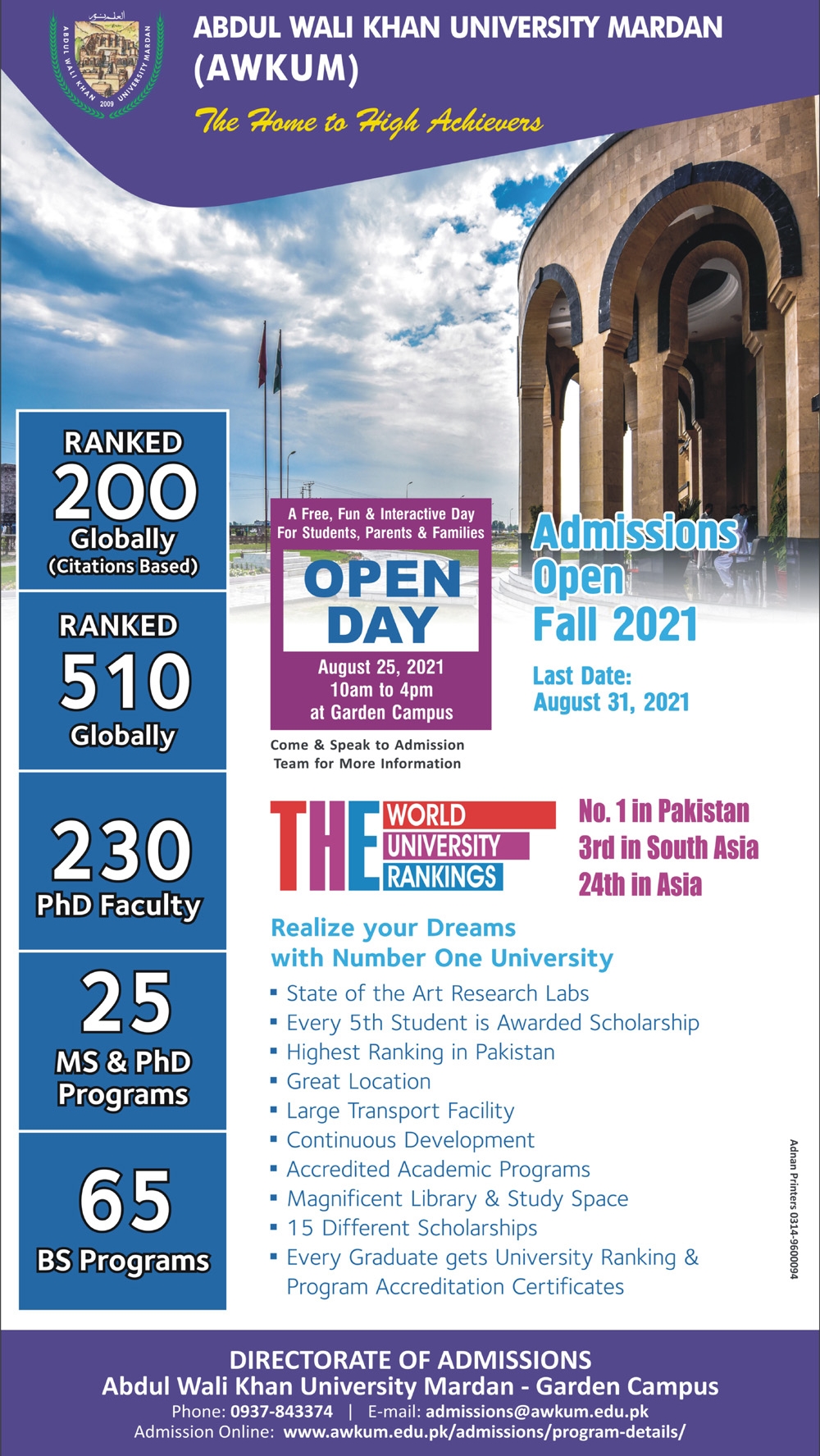 Abdul Wali Khan University AWKUM Admission 2021, Apply Online