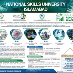 National Skills University Islamabad Admission 2022, Form, Test Result & Merit List