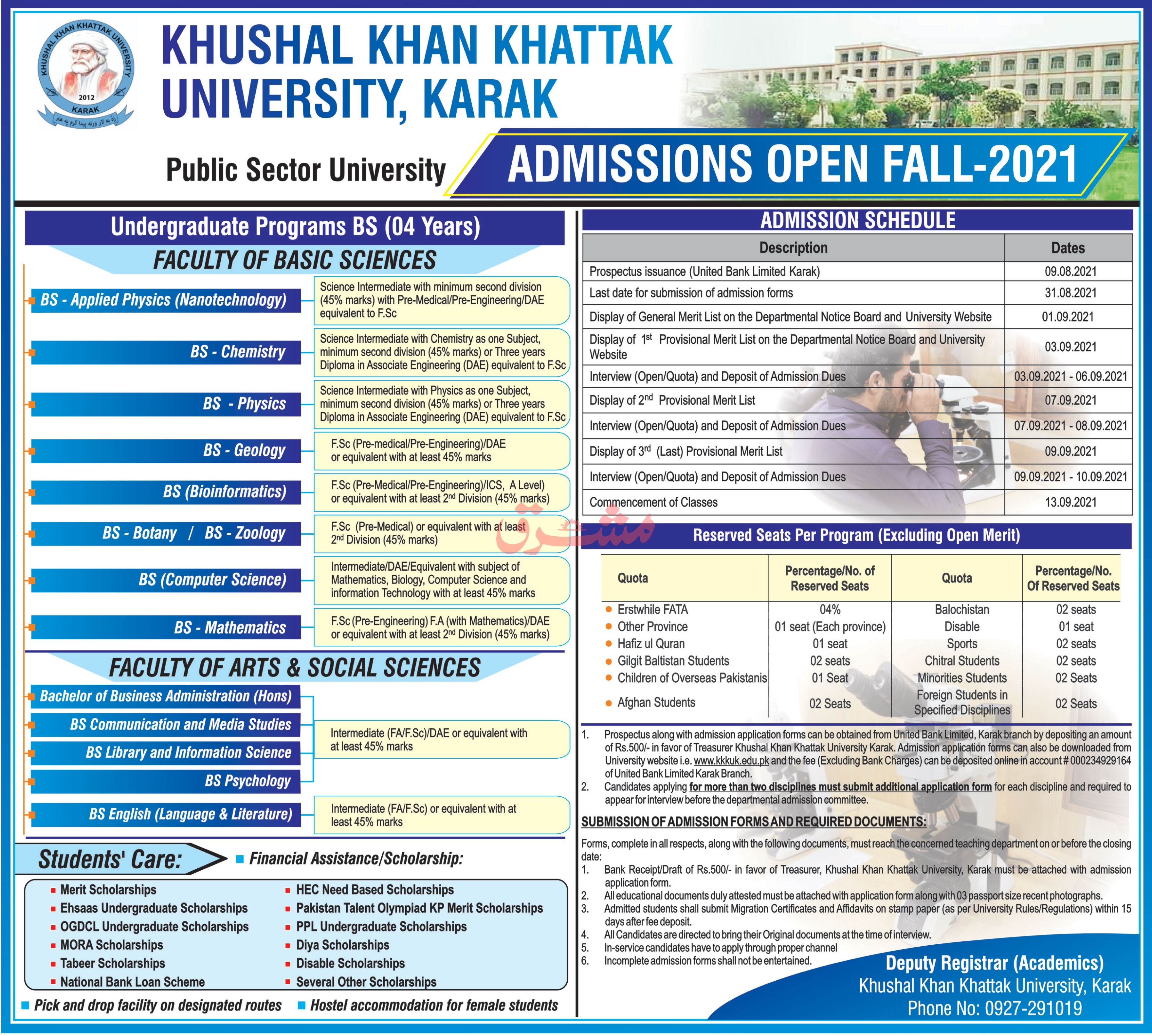 Khushal Khan Khattak University Karak Undergraduate Admission 2021 in BS Programs