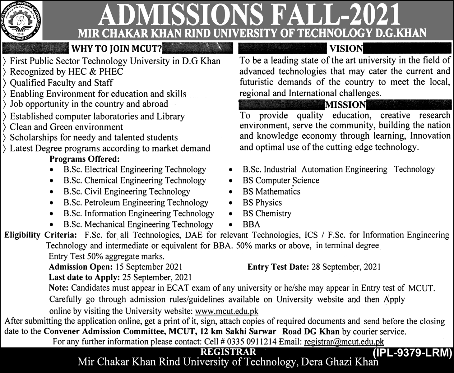 Mir Chakar Khan Rind University of Technology DG Khan Admission 2021