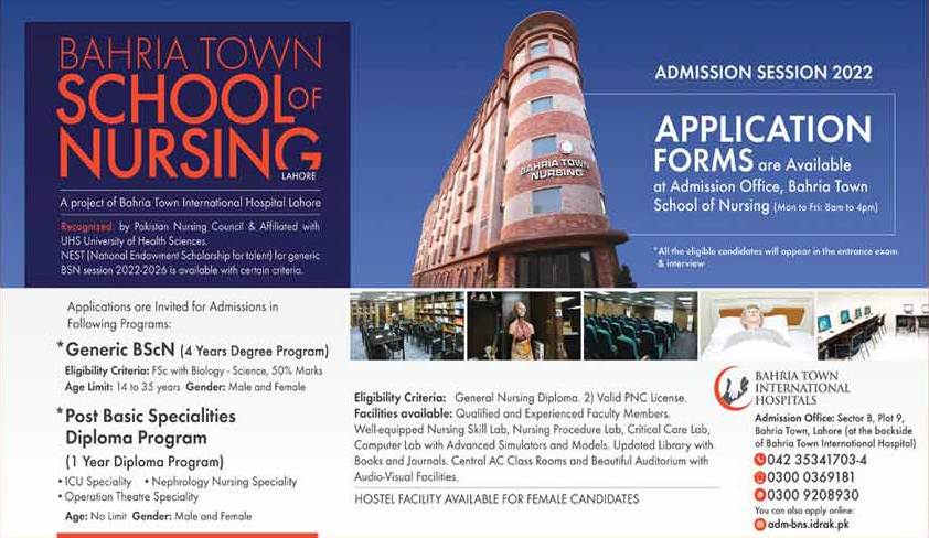 Bahria Town School of Nursing Lahore Admission 2022