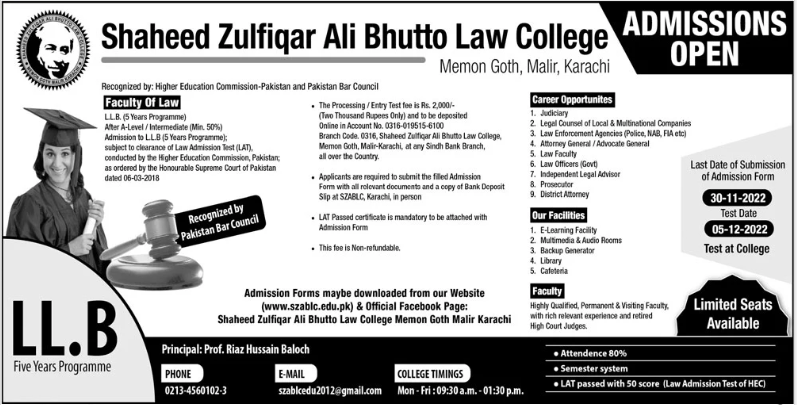 Saheed Zulfiqar Ali Bhutto Law College Karachi Admission 2023 in 5 Year LLB Program