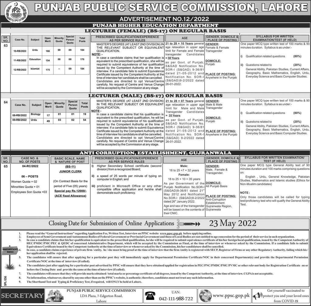 Lecturer Jobs in Punjab 2022 - Apply Online in PPSC
