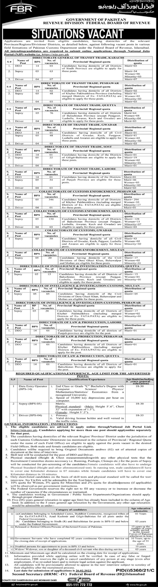 FBR Jobs 2022 of Sepoy (Constable), Data Entry Operator (DEO) & Driver