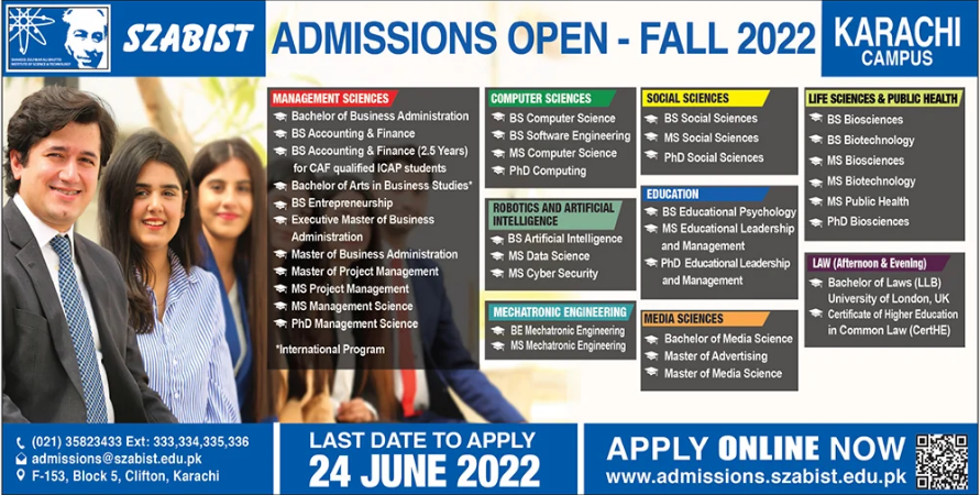 SZABIST Admissions Fall 2022 Apply Online, Entry Test Result