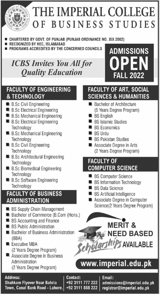 Imperial College of Business Studies ICBS Lahore Admission 2022, Apply Online