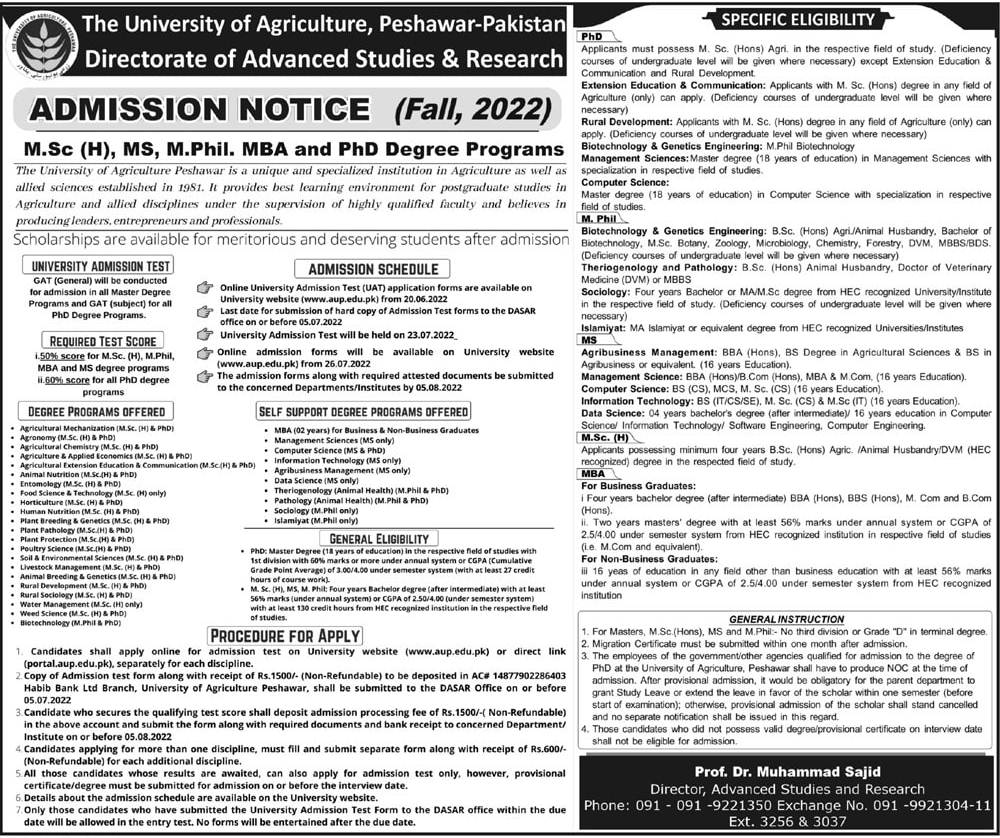 University of Agriculture Peshawar Admission 2022 Schedule, Merit List