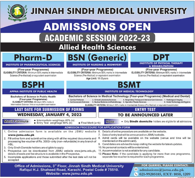 Jinnah Sindh Medical Universaity JSMU Admission 2022