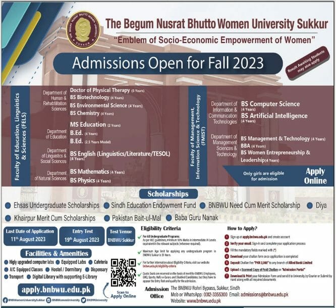 The Begum Nusrat Bhutto Women University Sukkur Admission 2023