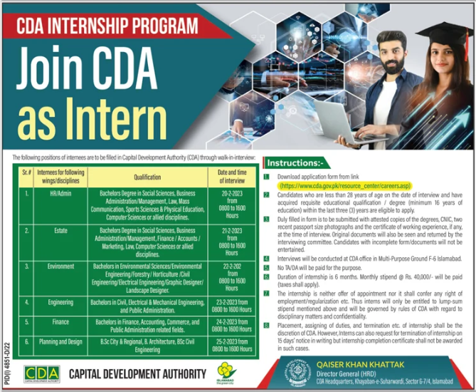 CDA Internship Program 2023, Capital Development Authority Internships, Apply Online