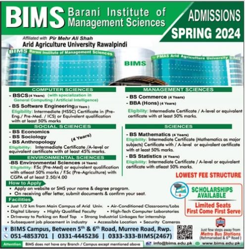 Barani Institute of Management Sciences BIMS Admission 2024