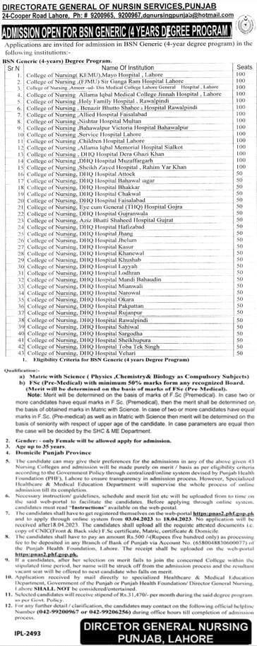 BSN Generic Admission 2023 in Govt Nursing Colleges of Punjab, Apply Online