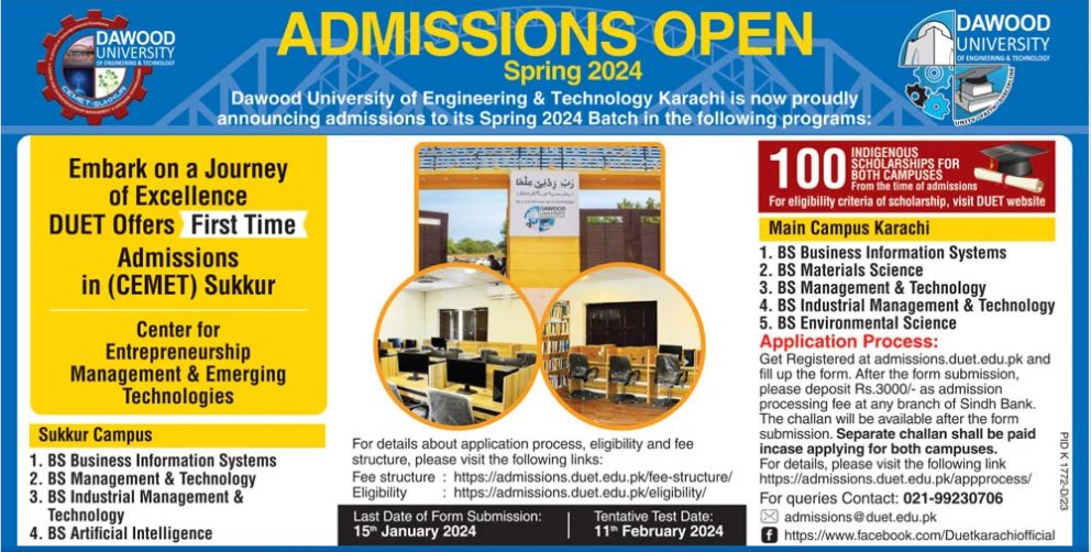 Dawood University Duet Karachi Announces Admission 2024 in BS Programs