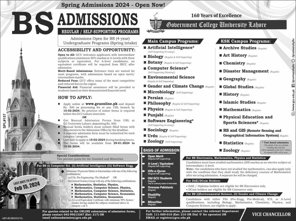 GC University Lahore BS Admission 2024 Schedule