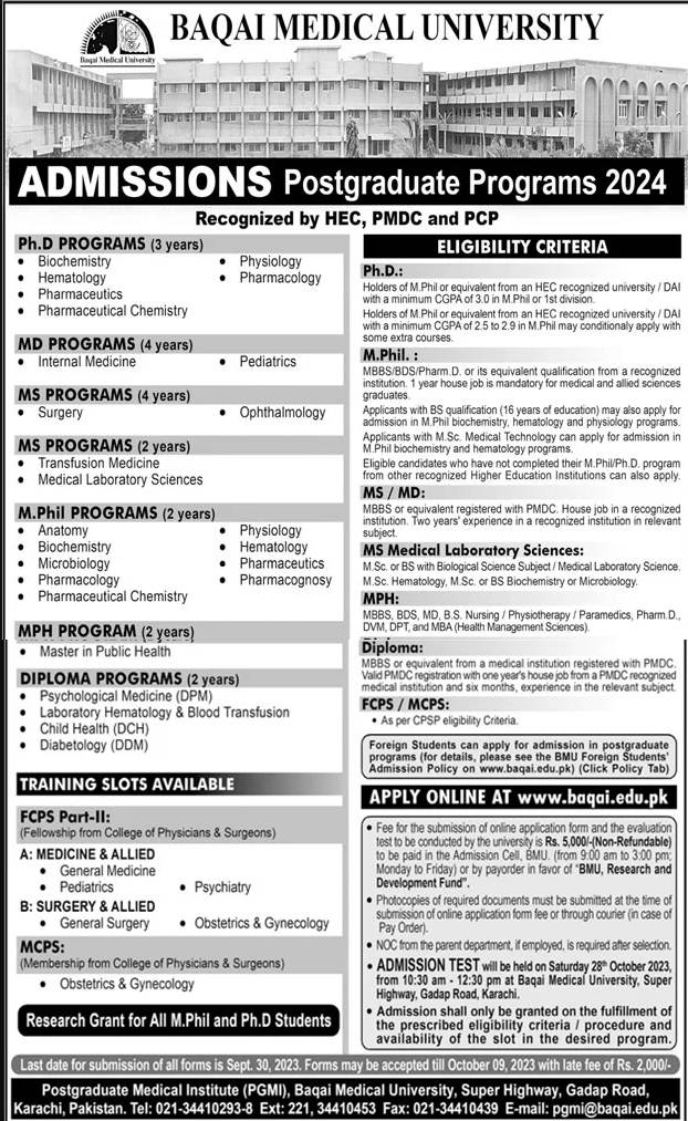 Baqai Medical University Karachi PG Admission 2024