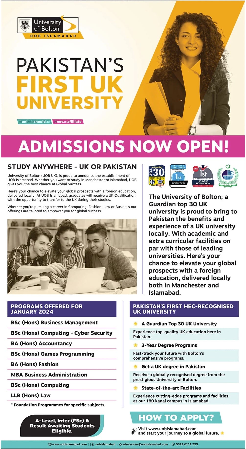University of Bolton Islamabad Admission 2024, Programs