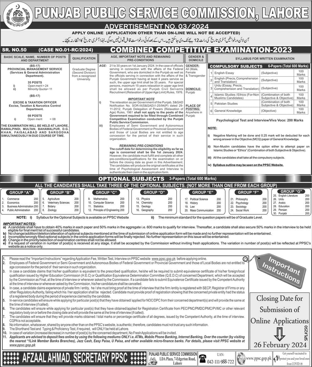 PPSC Invites Applications For PMS Exams 2024-Combined Competitive Examination